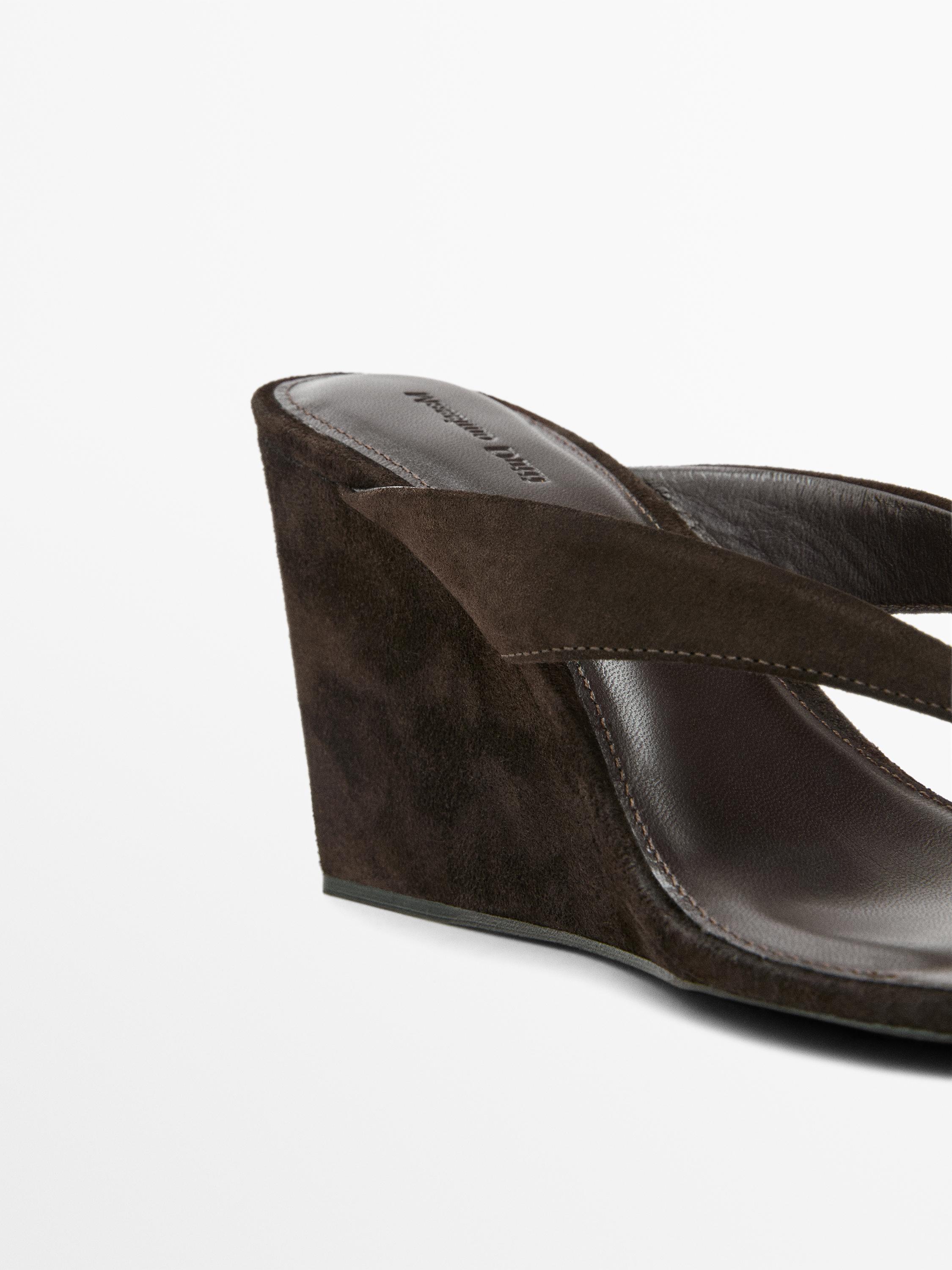 Split leather high-heel wedge sandals
